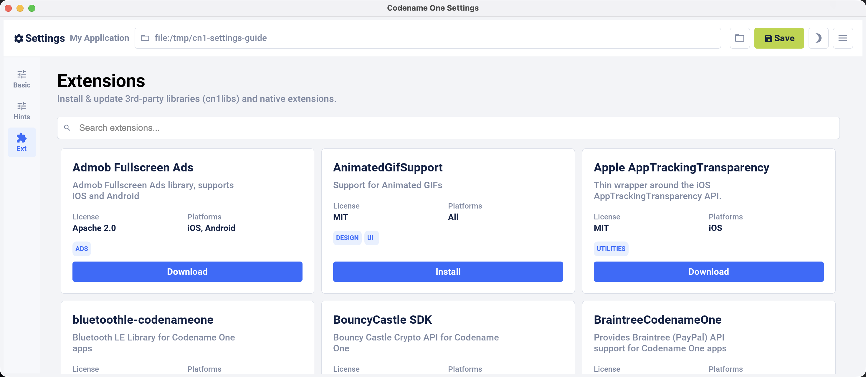 Codename One Settings Extensions view
